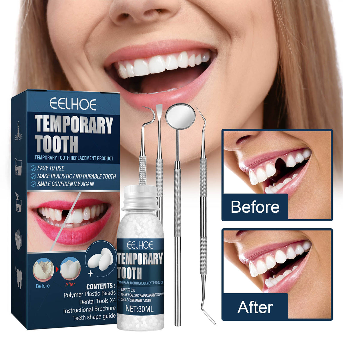Denture Decorative Teether Set, Halloween Vampire Makeup Dress Up Fake Tooth Glue Teeth Props