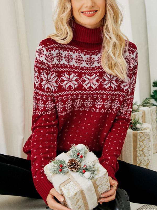 Cross-Border Autumn and Winter New Jacquard Pullover Red Turtleneck Christmas Sweater European and American Foreign Trade Snowflake Knitted Bottoming Shirt