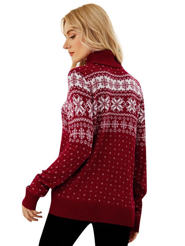 Cross-Border Autumn and Winter New Jacquard Pullover Red Turtleneck Christmas Sweater European and American Foreign Trade Snowflake Knitted Bottoming Shirt